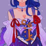  1girl blue_hair braid braided_ponytail breasts cleavage corset genshin_impact head_out_of_frame highres jewelry medium_breasts meyoco necklace purple_background purple_hair raiden_shogun rope solo 
