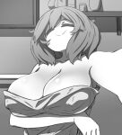  1girl :&gt; ahoge breast_hold breasts cleavage closed_eyes kay_yu large_breasts monochrome selfie towel upper_body 