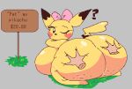  ambiguous_gender anthro big_breasts big_butt bow_ribbon breasts butt butt_grab cellulite dipstick_ears disembodied_hand duo english_text female generation_1_pokemon hand_on_butt huge_breasts huge_butt looking_back moonraige multicolored_ears nintendo nude one_eye_closed pikachu pokemon pokemon_(species) price question_mark sign sitting text yellow_body 