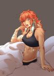  1girl abs bandages bed earrings feather_earrings feathers highres hololive hololive_english iskaydi jewelry long_hair looking_at_viewer muscular muscular_female one_eye_closed open_mouth orange_hair purple_eyes simple_background solo takanashi_kiara virtual_youtuber yawning 