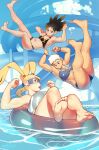  3girls absurdres bikini blonde_hair breasts cleavage elbow_drop feet flexing fuka_(street_fighter) highres innertube mask midair multiple_girls muscular muscular_female norasuko raika_(street_fighter) rainbow_mika short_hair street_fighter street_fighter_iii_(series) swimsuit toes very_short_hair water water_slide white_hair wrestling_mask 