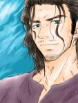  1boy bbchimo beard_stubble blue_eyes brown_hair expressionless highres looking_at_viewer male_focus mature_male medium_hair mustache_stubble portrait shirt snake_(vinland_saga) solo t-shirt thick_eyebrows vinland_saga wrinkled_skin 