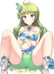 1girl absurdres ahoge armband bare_shoulders bikini bikini_top_only blue_bikini blue_eyes blue_skirt blush bracelet breasts cleavage closed_mouth clothes_pull collarbone dot_nose feather_hair_ornament feathers gem green_gemstone green_hair green_shorts hair_ornament highres idolmaster idolmaster_million_live! idolmaster_million_live!_theater_days jewelry knees_up long_hair looking_at_viewer medium_breasts midriff navel ring shimabara_elena shoes shorts shorts_under_skirt shuucream_(syuichi) simple_background sitting skirt solo spread_legs star_(symbol) star_hair_ornament swimsuit underboob white_background 