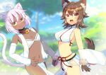  2girls :d ahoge animal_ear_fluff animal_ears bell blurry blurry_background breasts brown_eyes brown_gloves brown_hair cat_ears cat_girl cat_tail closed_mouth commentary_request commission dark-skinned_female dark_skin depth_of_field detached_sleeves dog_ears dog_girl dog_tail fur-trimmed_jacket fur_trim gloves grey_hair hand_on_own_hip holding_hands jacket jingle_bell kou_hiyoyo long_sleeves medium_breasts multiple_girls navel neck_bell original sideboob skeb_commission smile tail white_sleeves wide_sleeves 