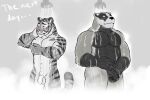  american_badger anthro artsywoodpecker badger balls biceps blush casual_nudity duo echo_(series) echo_project european_badger felid flaccid foreskin fur genitals grey_body grey_fur greyscale humanoid_genitalia humanoid_hands humanoid_penis looking_away male mammal meles monochrome muscular muscular_anthro muscular_male mustelid musteline navel nikolai_(the_smoke_room) nude pantherine pecs penis shower social_nudity steam striped_body striped_fur stripes the_smoke_room tiger visual_novel water 