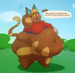  2023 animal_crossing anthro belly_overhang big_breasts blush breasts chubby_cheeks describing_self dialogue domestic_cat fangs fat_arms fat_legs felid feline felis female hand_on_own_belly hand_on_stomach huge_belly huge_thighs katt_(animal_crossing) love_handles mammal nintendo obese obese_anthro obese_female outside overweight overweight_anthro overweight_female plant shrub solo talking_to_viewer teeth text_box thick_calves thick_thighs yellow_sclera zetamath 
