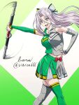 1girl bare_shoulders baron_(varon666) bow breasts cosplay fuuto_tantei gloves green_gloves hair_bow highres holding holding_polearm holding_weapon kamen_rider kamen_rider_double kamen_rider_double_(cosplay) kamen_rider_w large_breasts long_hair open_mouth polearm purple_eyes purple_hair silver_gloves silver_legwear solo tokime_(fuuto_tantei) twisted_torso twitter_username weapon 