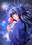  1girl absurdres aerial_fireworks alternate_costume blue_eyes blue_hair blue_kimono blush candy candy_apple dark_blue_hair fireworks flower food hair_flower hair_ornament highres holding holding_candy holding_food idolmaster idolmaster_million_live! japanese_clothes kimono looking_at_viewer looking_back mogami_shizuka outdoors ponytail raby_vivid smile solo yukata 