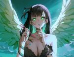 1girl angel_wings bare_arms bare_shoulders black_hair breast_tattoo breasts butterfly_tattoo character_request chopsticks cloud copyright_request fader_ec green_eyes green_hair highres long_hair looking_at_viewer multicolored_hair nail_polish sky snake solo tattoo two-tone_hair upper_body very_long_hair wings 