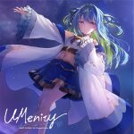  1girl album_cover artist_request blue_hair bow bowtie cover crop_top gold_trim green_hair highres jacket long_hair midriff multicolored_hair nanashi_inc. navel off-shoulder_jacket off_shoulder official_art open_clothes open_jacket purple_eyes red_bow red_bowtie smile solo suzumi_nemo two_side_up virtual_youtuber white_jacket wide_sleeves 