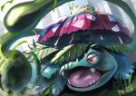  animal_focus artist_name claws full_body highres leaf open_mouth outdoors penta_oekaki pokemon pokemon_(creature) red_eyes simple_background solo tentacles venusaur watermark 