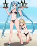  2girls aqua_hair aqua_nails aruman beach bikini black_bikini blonde_hair blue_eyes blue_sky blurry blurry_background bottle bow breasts cloud cocktail_glass colored_shoe_soles commentary cup drinking_glass full_body grin hair_bow hair_ornament hairband hairclip hands_up hatsune_miku high_heels highres holding holding_tray horizon kagamine_rin large_breasts long_hair looking_at_viewer multiple_girls navel ocean on_one_knee outdoors paid_reward_available pointing pointing_at_another sandals sky small_breasts smile standing swept_bangs swimsuit toes towel_on_one_shoulder tray trembling twintails variant_set very_long_hair vocaloid white_bow white_hairband wine_bottle 