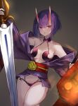  1girl bob_cut breasts eyeliner fate/grand_order fate_(series) headpiece highres horns japanese_clothes kimono looking_at_viewer makeup oni oni_horns purple_kimono short_hair shuten_douji_(fate) skin-covered_horns solo thighs ura_illust 