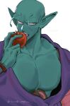  1boy absurdres antennae bald bara biting black_nails collarbone colored_skin dougi dragon_ball dragon_ball_z fangs food fruit green_skin highres holding holding_food holding_fruit looking_to_the_side male_focus muscular muscular_male no_eyebrows open_mouth pectorals piccolo pointy_ears purple_eyes twitter_username vamos_mk white_background wristband 