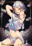  1boy absurdres androgynous bare_shoulders braid dollar_bill grey_hair highres hyperinflation looking_at_viewer male_focus money navel orange_eyes otoko_no_ko red_eyes short_hair_with_long_locks shorts sweatdrop twin_braids usasaki_shiro white_hair white_shorts 