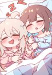  2girls :d =_= ahoge blue_hair blue_pajamas blunt_bangs blunt_ends blush brown_hair closed_eyes colored_inner_hair commentary_request drooling futon holding_hands hozuki_momiji korean_commentary long_hair long_sleeves lying m1ch mouth_drool multicolored_hair multiple_girls off_shoulder on_back onii-chan_wa_oshimai! open_mouth oyama_mahiro pajamas pillow pink_hair pink_pajamas short_hair sleeping smile two-tone_hair under_covers yuri zzz 