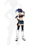  1girl absurdres black_sports_bra blue_hair breasts brown_eyes chest_jewel closed_mouth crop_top fiery_hair fingerless_gloves gloves glowing_lines hand_on_own_hip highres kazo_(kidokazo) leggings looking_at_viewer navel no_sclera sena_(xenoblade) shorts shoulder_strap side_ponytail small_breasts smile solo sports_bra thighhighs white_background xenoblade_chronicles_(series) xenoblade_chronicles_3 