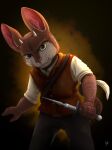  amuaroo anthro brown_body brown_fur clothed clothing dagger fully_clothed fur hi_res horn inkquisitor_(artist) looking_at_viewer male melee_weapon rufus_amuaroo satchel stiletto_(weapon) tan_body tan_fur weapon yellow_eyes 