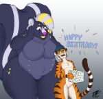  anthro belly big_belly big_breasts birthday breasts duo felid female green_eyes hair hi_res larger_female lily_(puffedup) male male/female mammal markings mephitid multi_nipple nipples nude overweight overweight_female pantherine pink_eyes simple_background size_difference skunk skunk_tail smaller_male striped_body striped_markings striped_tail stripes tail tail_markings thick_thighs tiger victhetiger victor_alice_reed wide_hips 