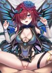  1boy 1girl black_dress blue_eyes blush breasts butterfly_wings censored clothes_lift commentary_request commission corrupted_twitter_file covered_navel detached_sleeves dress dress_lift fairy_wings fire_emblem fire_emblem_heroes flower grey_sleeves hair_flower hair_ornament hair_over_one_eye hair_vines henria hetero highres large_breasts looking_at_viewer lying mosaic_censoring on_back penis pov pov_crotch pussy red_hair sex skeb_commission sweat triandra_(fire_emblem) vaginal wings 