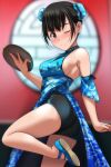  1girl absurdres armpit_crease ass bike_shorts black_eyes black_hair black_shorts blue_dress blurry blurry_background breasts bun_cover china_dress chinese_clothes detached_sleeves double_bun dress hair_bun highres holding holding_tray matsunaga_kouyou one_eye_closed original short_hair shorts shorts_under_skirt sideboob sidelocks solo standing standing_on_one_leg tray waitress window 