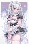  1girl black_skirt breasts cleavage commentary earrings garter_straps ghost grey_hair highres jewelry lantern large_breasts long_hair looking_at_viewer maid maid_headdress original pink_eyes puffy_short_sleeves puffy_sleeves short_sleeves skirt solo thighhighs thighs twintails voruvoru white_thighhighs wrist_cuffs 