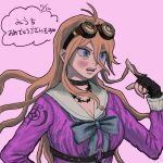  1girl antenna_hair barbed_wire black_choker black_gloves blonde_hair blush bow bowtie breasts choker cleavage danganronpa_(series) danganronpa_v3:_killing_harmony fangs fingerless_gloves gloves goggles goggles_on_head grey_bow grey_bowtie hand_up highres iruma_miu kibo_onken-ha large_breasts long_hair long_sleeves o-ring pink_shirt sailor_collar shirt solo speech_bubble teeth translation_request upper_teeth_only white_sailor_collar 