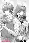 2boys apron arm_warmers bouquet cape cloak closed_eyes closed_mouth collared_shirt corset dual_persona flower greyscale hair_between_eyes holding holding_bouquet holding_flower hood hood_up hooded_cape imai_miu ittoki_otoya looking_at_viewer male_focus monochrome multiple_boys official_alternate_costume open_cloak open_clothes shirt short_hair signature sleeves_rolled_up smile spider_lily upper_body uta_no_prince-sama 
