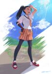  1girl :d absurdres arm_up black_pantyhose cloud collared_shirt day eyelashes fingerless_gloves full_body gloves green_hair highres long_hair looking_up multicolored_hair necktie nemona_(pokemon) open_mouth orange_necktie orange_shorts outdoors pantyhose pokemon pokemon_(game) pokemon_sv ponytail s-masa_7131 school_uniform shirt shoes short_sleeves shorts single_glove sky smile solo standing teeth tongue two-tone_hair upper_teeth_only white_shirt 