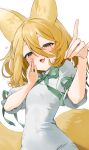  1girl :3 animal_ear_fluff animal_ears artist_name blonde_hair brown_eyes fang fingernails fox_ears fox_girl fox_shadow_puppet fox_tail gotou_(nekocat) green_ribbon hair_between_eyes hand_to_own_mouth hand_up heart highres kudamaki_tsukasa looking_at_viewer medium_hair open_mouth ribbon short_sleeves simple_background skin_fang smile solo tail touhou upper_body white_background white_romper 