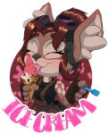  anthro deer dessert eyewear eyewear_on_head female fluffy_ears food goggles goggles_on_head hair hi_res ice_cream isa_sturmi licking mammal red_hair short_stack solo tongue tongue_out turkojar 