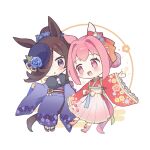  2girls :d :o animal_ears blue_flower blue_headwear blue_rose blush brown_footwear brown_hair chibi egasumi floral_print flower flower-shaped_pupils fur_collar hair_bun hair_over_one_eye hakama hakama_skirt haru_urara_(umamusume) hat hat_flower highres horse_ears horse_girl horse_tail japanese_clothes kimono long_sleeves mola_mola multiple_girls obi parted_lips pink_footwear pink_hakama print_kimono purple_eyes purple_kimono red_eyes red_kimono rice_shower_(umamusume) rose sash sidelocks simple_background skirt smile socks symbol-shaped_pupils tail tilted_headwear umamusume white_background white_socks wide_sleeves zouri 