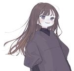  1girl absurdres black_sweater blush brown_hair dress fang grey_dress grey_eyes highres long_hair long_sleeves original parted_lips ribbed_sweater simple_background solo sweater sweater_under_dress turtleneck upper_body white_background yunoki_itsugu 