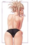  1girl artist_name ass black_panties blonde_hair boku_no_hero_academia cameltoe cowboy_shot from_behind highres holding holding_knife knife looking_at_viewer messy_hair open_mouth panties seraziel solo teeth toga_himiko topless underwear white_background yellow_eyes 