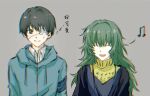  1boy 1girl :d astronut_zzz black_jacket closed_eyes closed_mouth collared_shirt eto_(tokyo_ghoul) eyepatch facing_viewer green_hair green_hoodie hood hood_down hoodie jacket kaneki_ken long_hair looking_at_viewer musical_note open_mouth shirt smile tokyo_ghoul translation_request white_shirt 