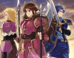  1girl 2boys absurdres armor arran_(fire_emblem) betabetamaru blonde_hair blue_armor blue_eyes brown_hair cloud fire_emblem fire_emblem:_mystery_of_the_emblem halberd highres holding holding_polearm holding_sword holding_weapon multiple_boys pauldrons pink_armor polearm red_eyes samson_(fire_emblem) sheena_(fire_emblem) shield shoulder_armor spiked_pauldrons standing sunset sword weapon 