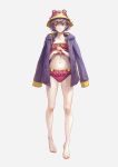  1girl absurdres animal_hat barefoot bear_hat bernadetta_von_varley bikini breasts feet fire_emblem fire_emblem:_three_houses frilled_bikini frills front-tie_top full_body grey_eyes hat highres jacket kazuko_(towa) legs looking_to_the_side navel nervous open_clothes open_jacket purple_bikini purple_hair short_hair simple_background small_breasts standing swimsuit toenails toes white_background 