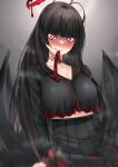  1girl absurdres arm_behind_back black_hair black_serafuku black_shirt black_skirt black_wings blood blood_on_clothes blue_archive blush breasts choker cleavage commentary_request halo heart heart-shaped_pupils highres lace lace_choker large_breasts long_hair long_sleeves looking_at_viewer melting_halo midriff mouth_hold mr2d neckerchief neckerchief_in_mouth pleated_skirt red_eyes red_halo red_neckerchief school_uniform serafuku shirt skirt solo sweat symbol-shaped_pupils tsurugi_(blue_archive) undone_neckerchief wings 