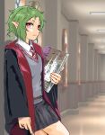  1girl ahoge alternate_costume black_robe book ceiling_light collared_shirt elf green_hair grey_sweater gryffindor harry_potter_(series) hogwarts_school_uniform holding holding_book indoors mizumori_keiichi mushoku_tensei necktie pointy_ears red_eyes red_necktie robe school_uniform shirt short_hair solo sweater sylphiette_(mushoku_tensei) white_shirt wizard wizarding_world 