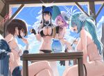  4girls absurdres alternate_costume aqua_hair arius_squad_(blue_archive) atsuko_(blue_archive) bikini black_bikini black_gloves black_hair black_mask blue_archive blue_eyes blue_halo blue_sky breasts cloud cloudy_sky crossed_legs day ear_piercing fingerless_gloves flower food gloves hair_flower hair_ornament halo hat highres hiyori_(blue_archive) holding holding_spoon hutosutoro ice_cream large_breasts long_hair looking_at_another mask mask_pull medium_breasts misaki_(blue_archive) mouth_mask multiple_girls navel outdoors piercing purple_hair red_eyes red_halo saori_(blue_archive) sitting sky spoon standing sun_hat swimsuit table visor_cap white_bikini white_flower white_halo white_headwear 