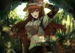  1girl 2023 :d animal_ears arknights arm_up black_shorts blue_sealad blurry blurry_background blurry_foreground blush breasts brown_eyes brown_hair commentary crop_top day depth_of_field ears_through_headwear franka_(arknights) franka_(rainforest_me_rainbow)_(arknights) hair_between_eyes jacket large_breasts layered_sleeves long_hair long_sleeves looking_at_viewer midriff navel outdoors shirt short_over_long_sleeves short_sleeves shorts smile solo tail very_long_hair watermark white_headwear white_jacket white_shirt 