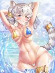  1girl absurdres alternate_breast_size animal_ears armpits arms_behind_head arms_up bikini blue_eyes blush breasts byakko_(kemono_friends) collarbone cowboy_shot day eyelashes grey_hair grin groin hair_between_eyes half-closed_eyes heterochromia highleg highleg_bikini highres horizon kemono_friends kemono_friends_3 leaning_to_the_side long_hair looking_at_viewer medium_breasts micro_bikini multicolored_hair navel neukkom ocean outdoors sky smile solo splashing stomach swimsuit tail tail_ornament tail_ring thigh_gap thighhighs tiger_ears tiger_girl tiger_tail twintails v-shaped_eyebrows wading water white_hair yellow_eyes 