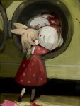  1girl animal_ears blonde_hair blood bow braid child dress hair_bow highres horror_(theme) looking_at_viewer original rabbit_ears red_dress red_eyes shirokujira twin_braids washing_machine 