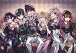  3boys 3girls akamatsu_kaede alternate_costume black_hair blonde_hair blue_eyes brown_hair danganronpa_(series) danganronpa_v3:_killing_harmony eyewear_on_head facial_hair goatee harukawa_maki highres iruma_miu long_hair looking_at_viewer momota_kaito multicolored_eyes multiple_boys multiple_girls nota_sayaka oma_kokichi purple_eyes purple_hair red_eyes saihara_shuichi short_hair sunglasses yellow_eyes 