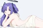  1girl ass backless_outfit bare_back blue_archive blush breasts butt_crack halo hand_on_own_cheek hand_on_own_face head_rest highres looking_at_viewer lying medium_breasts meme_attire on_stomach purple_eyes purple_hair reia_76 ribbed_sweater sideboob simple_background smile solo sweater twitter_username two_side_up virgin_killer_sweater white_background white_sweater yuuka_(blue_archive) 