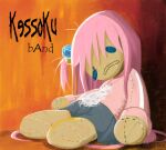  album_cover_redraw bocchi_the_rock! button_eyes buttons derivative_work english_commentary english_text fluff goldiedood gotou_hitori hair_ornament highres jacket korn_(band) messy_hair on_floor pink_hair skirt slouching stitches stuffed_toy track_jacket 