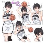  1girl :t ahoge armpits arms_up ball basketball basketball_(object) black_hair blush breasts center-chan_(tapioka_(oekakitapioka)) closed_eyes closed_mouth collarbone commentary_request dribbling_(basketball) from_side hair_between_eyes hair_intakes highres holding holding_ball knee_pads large_breasts multiple_views nervous nervous_smile one_eye_closed open_mouth original pants purple_eyes reference_sheet shirt short_hair simple_background single_knee_pad sleeveless sleeveless_shirt smile tapioka_(oekakitapioka) tomboy upper_body very_short_hair white_background white_pants white_shirt 