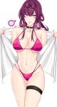  1girl bikini black_choker breasts choker cleavage closed_mouth cowboy_shot highres honkai:_star_rail honkai_(series) kafka_(honkai:_star_rail) large_breasts looking_at_viewer nail_polish navel noise_paper open_clothes parted_lips pince-nez purple_eyes purple_hair purple_nails shirt simple_background smile stomach swimsuit thigh_strap thighs white_background white_shirt 