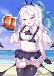  1girl ahoge alcohol alternate_costume ascot beach beer beer_mug black_gloves blue_archive blue_sky blurry commentary_request cup depth_of_field detached_collar frilled_skirt frills gloves hair_ornament hairclip halo highres hina_(blue_archive) holding holding_tray horizon long_hair looking_at_viewer mug navel ocean ponytail purple_eyes scrunchie sidelocks skirt sky sleeveless solo stomach sumikoto tray waitress white_hair wrist_scrunchie 