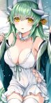  1girl bare_shoulders blush breasts cleavage collarbone commentary_request dragon_girl dragon_horns dress fate/grand_order fate_(series) green_hair highres horns japanese_clothes kiyohime_(fate) large_breasts long_hair long_sleeves looking_at_viewer morizono_shiki off_shoulder parted_lips smile solo thighhighs thighs white_dress white_thighhighs yellow_eyes 